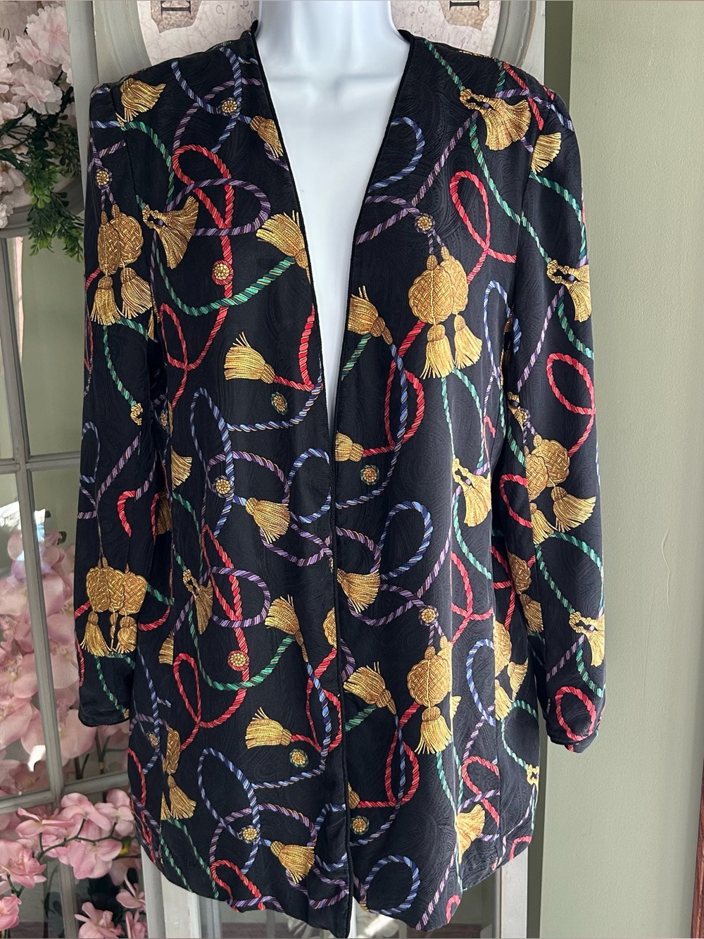 TALBOTS 100% Silk Open Collarless Blazer Multicolor Rope & Tassel Print Sz 6